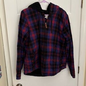 L.L. Bean Scotch Plaid Flannel Relaxed Zip Hoodie with Sherpa Hood